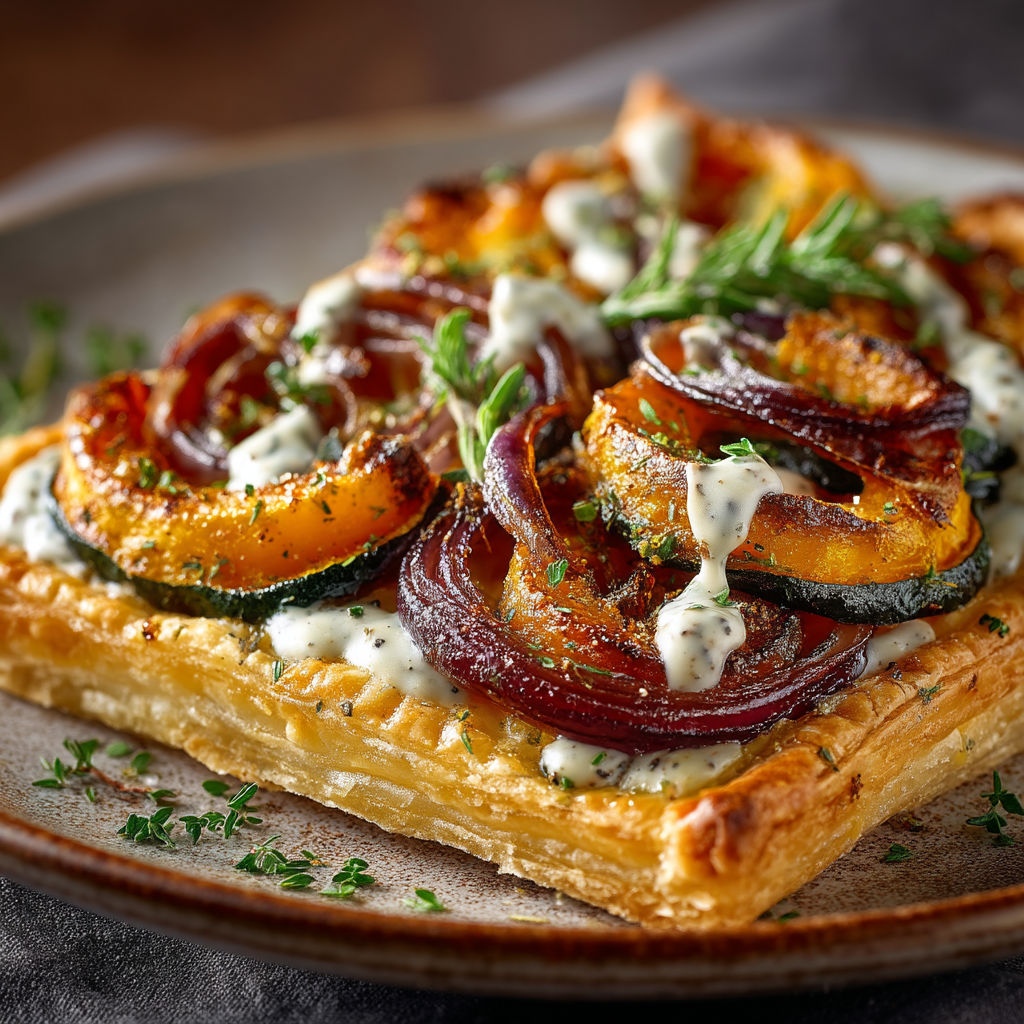 Une tarte aux pommes et aux courgettes, avec une sauce blanche.