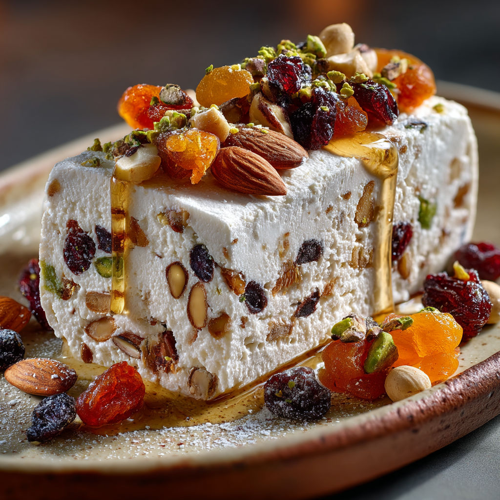 Un dessert en forme de barre avec des noix, des raisins, des amandes et des fruits.