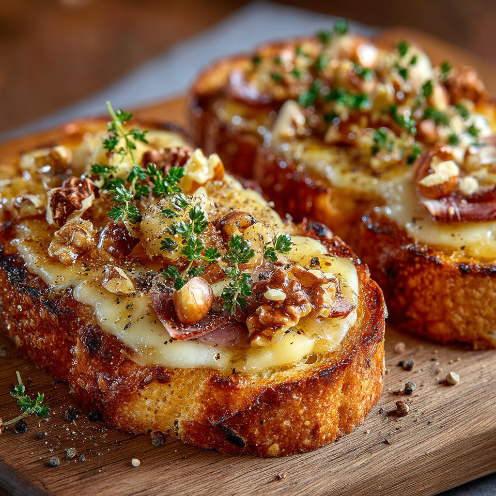 Bruschetta au Munster, fruits secs et miel.