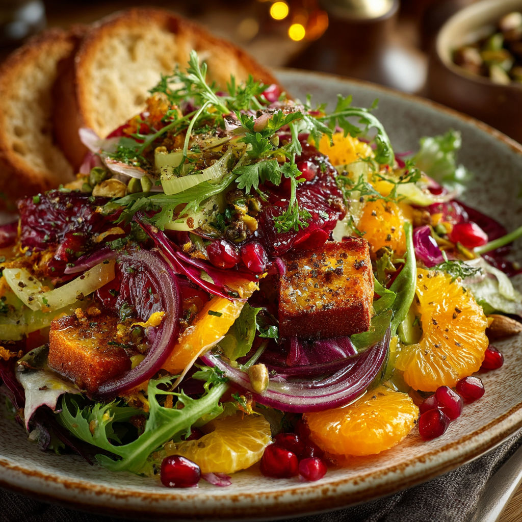 Une salade de Noël composée de légumes, de pamplemousses et de pain.