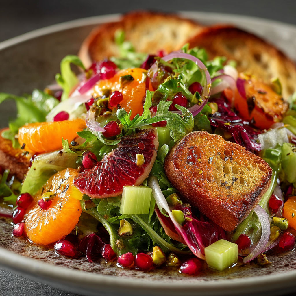 Une salade de fruits et légumes avec des pamplemousses, des tomates, des concombres, des céleris, des poivrons, des avocats et des pains grillés.