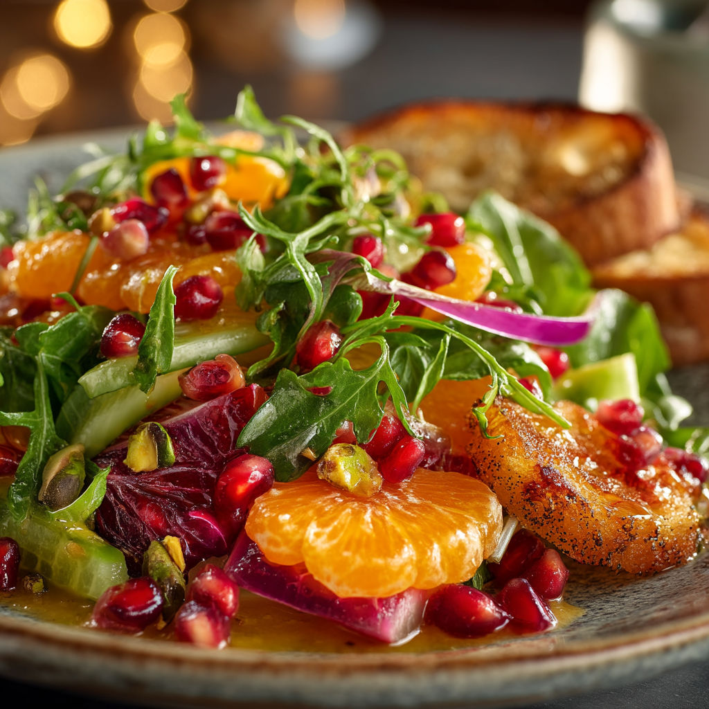 Une salade de fruits et légumes avec des oranges, des pomegranates, des cucumbers et des épinards.