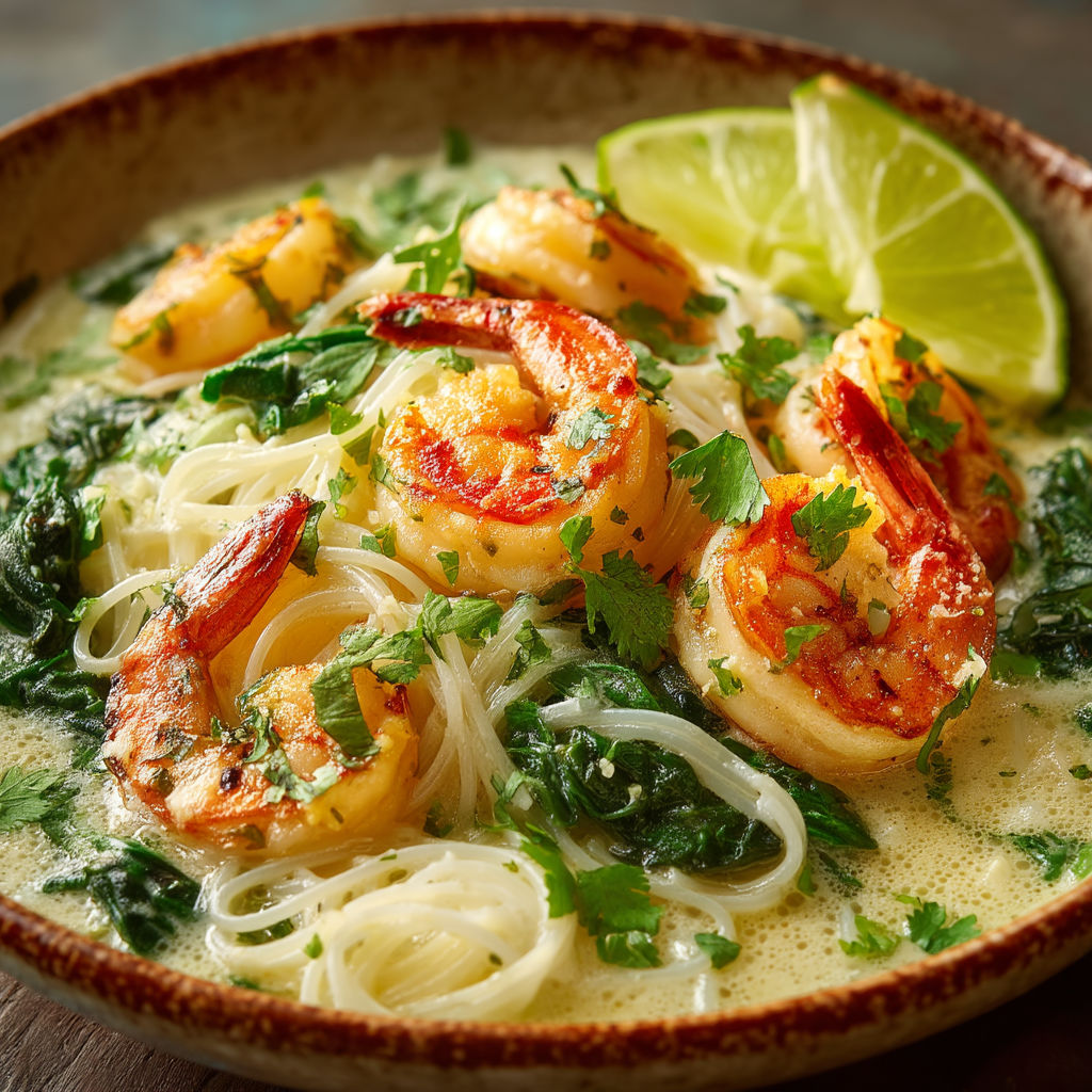 Crevettes aux nouilles de riz, sauce au lait de coco et à l'ail.