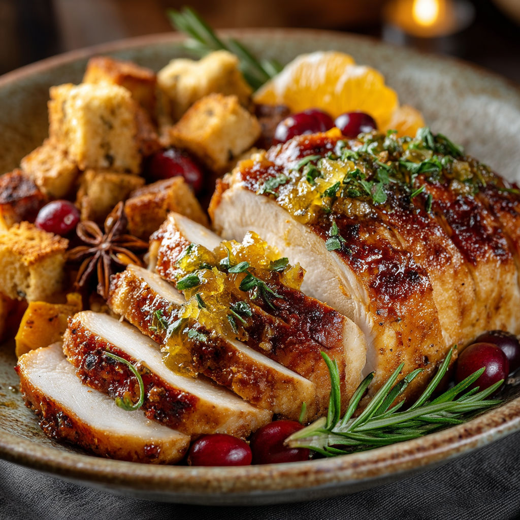 Une assiette de poulet grillé avec des légumes et des fruits.