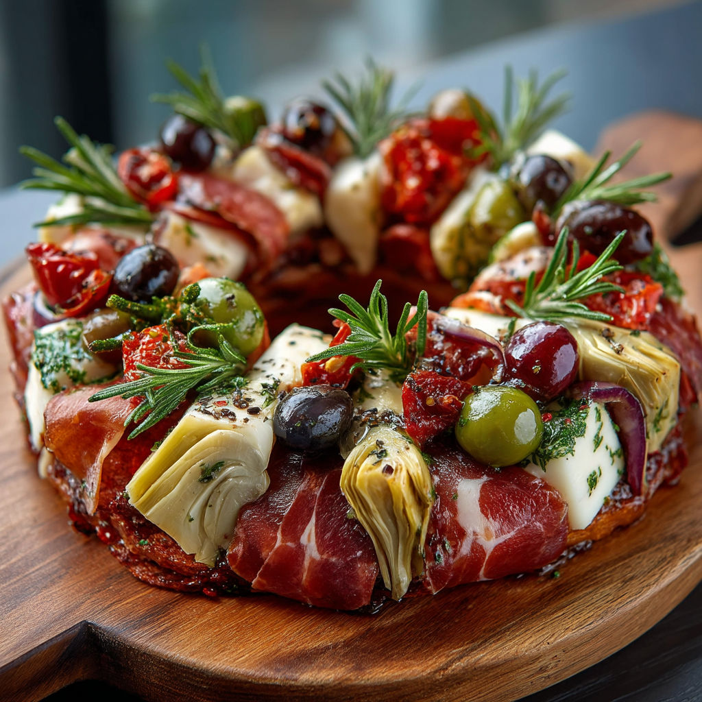 Une couronne d'antipasti composée de tomates, olives, câpres, salade de tomates, fromage et viande.