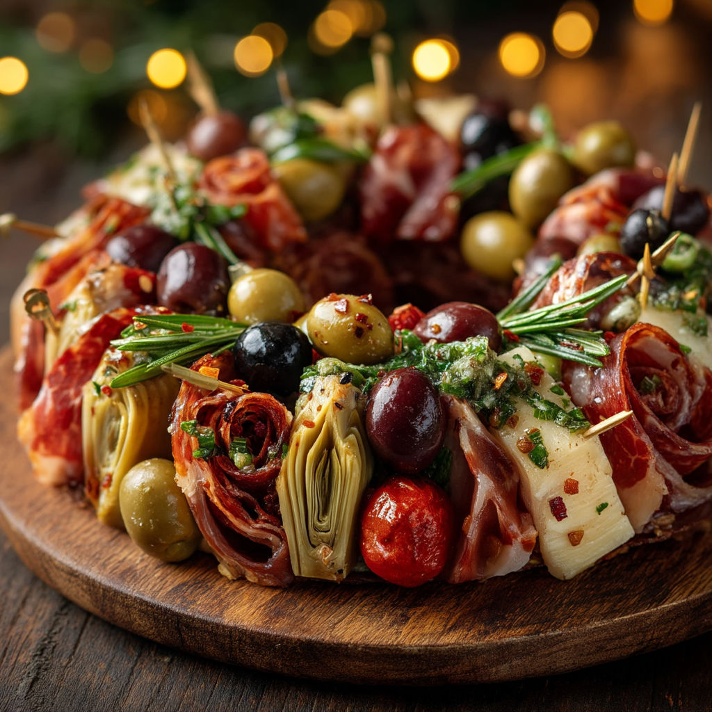 Un plat de charcuterie avec des olives et des tomates.