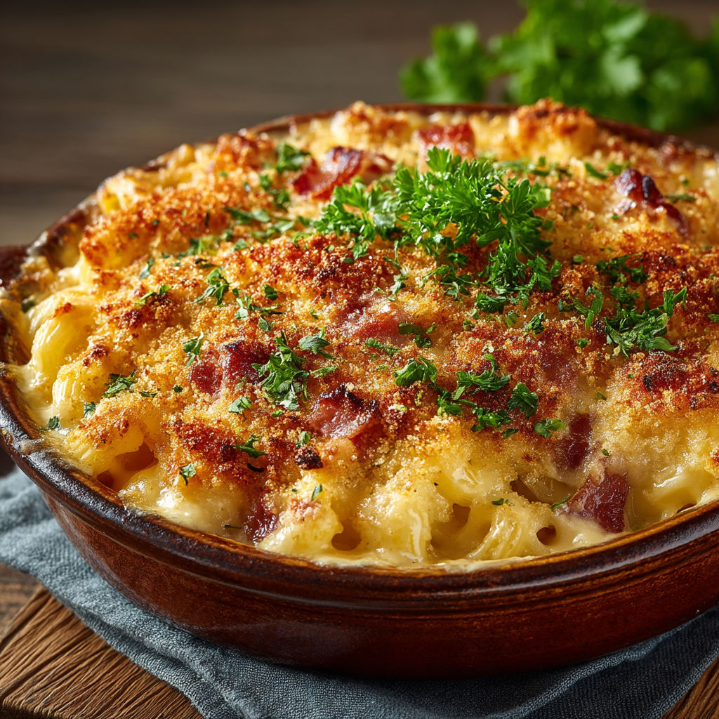 Un plat de macaroni et bacon.