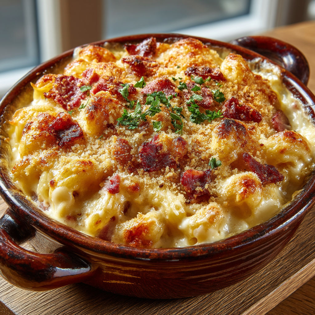 Un plat de macaroni au bacon et aux herbes.