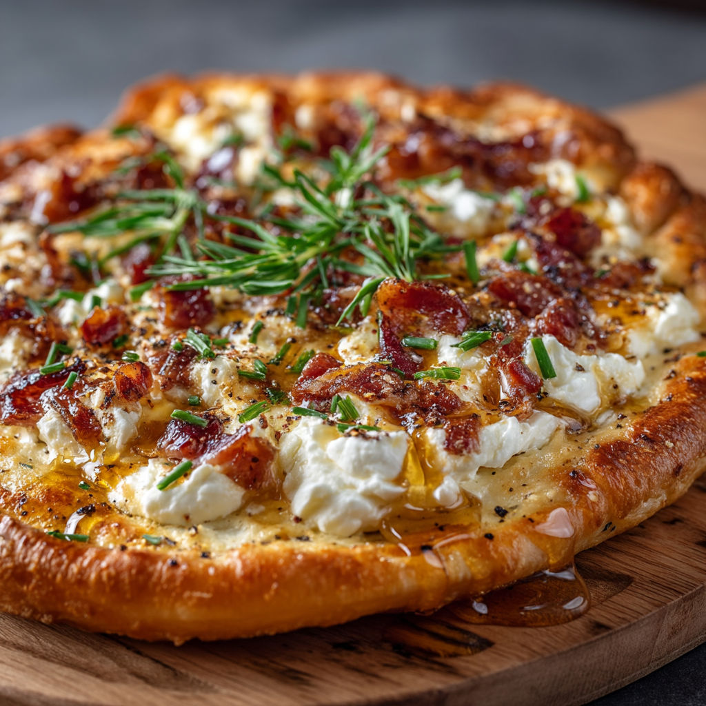 Une flammekueche au chèvre et miel est servie sur une planche de bois.