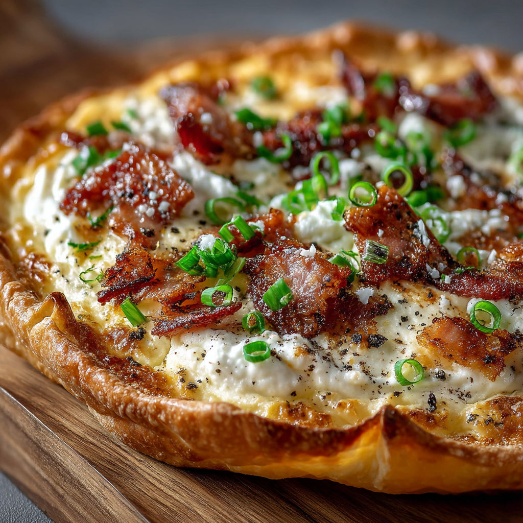 Une pizza avec des bacon et des herbes.