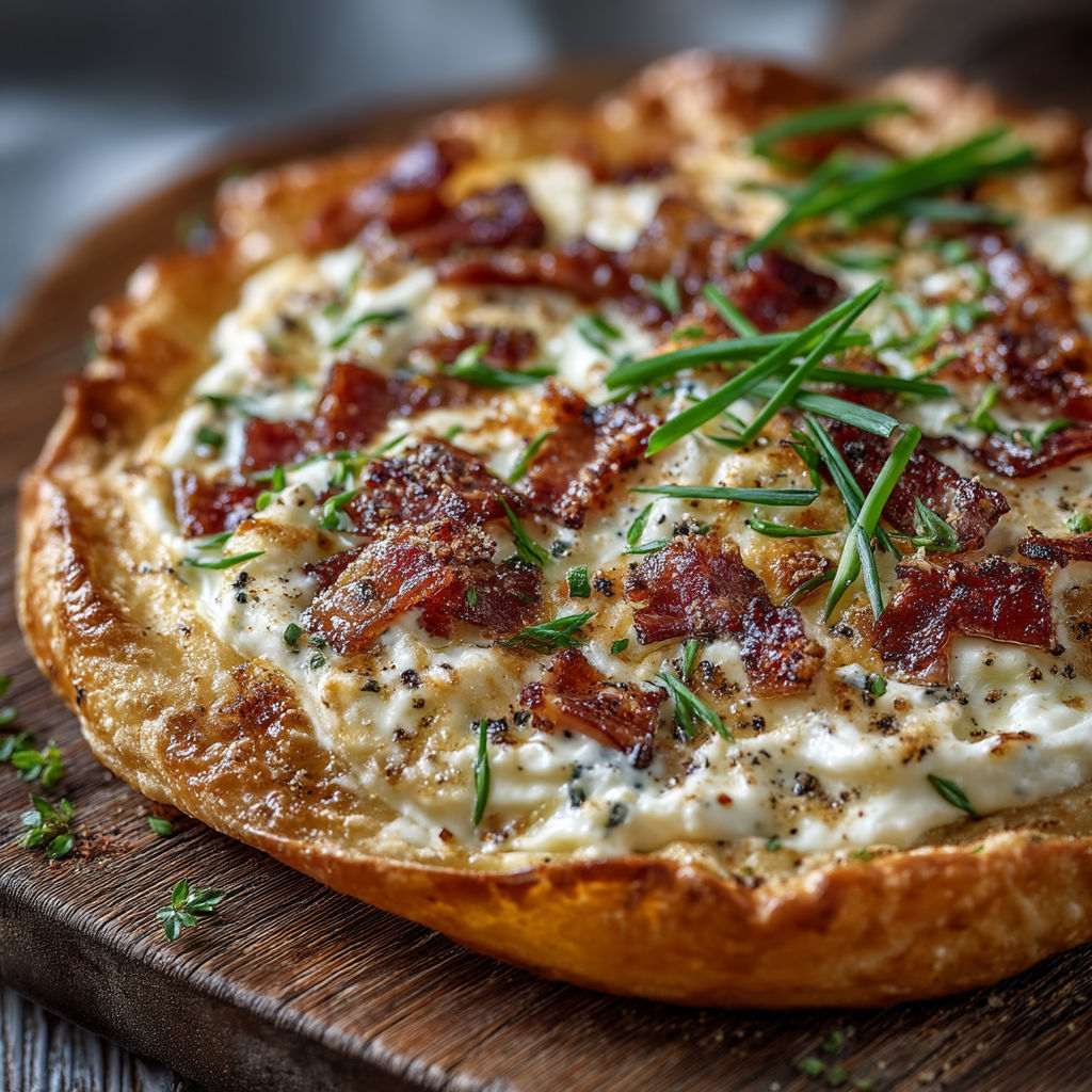 Une pâte de pizza avec des légumes et du bacon.