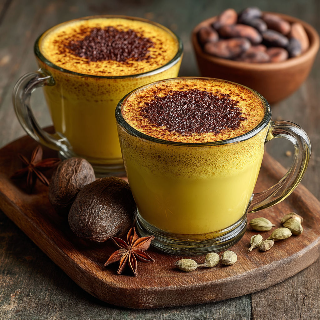 Two glasses of a yellow drink with a brown topping.