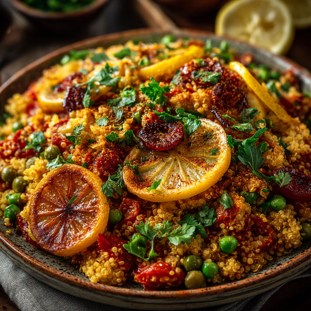 Une casserole de quinoa avec des légumes et des citrons.