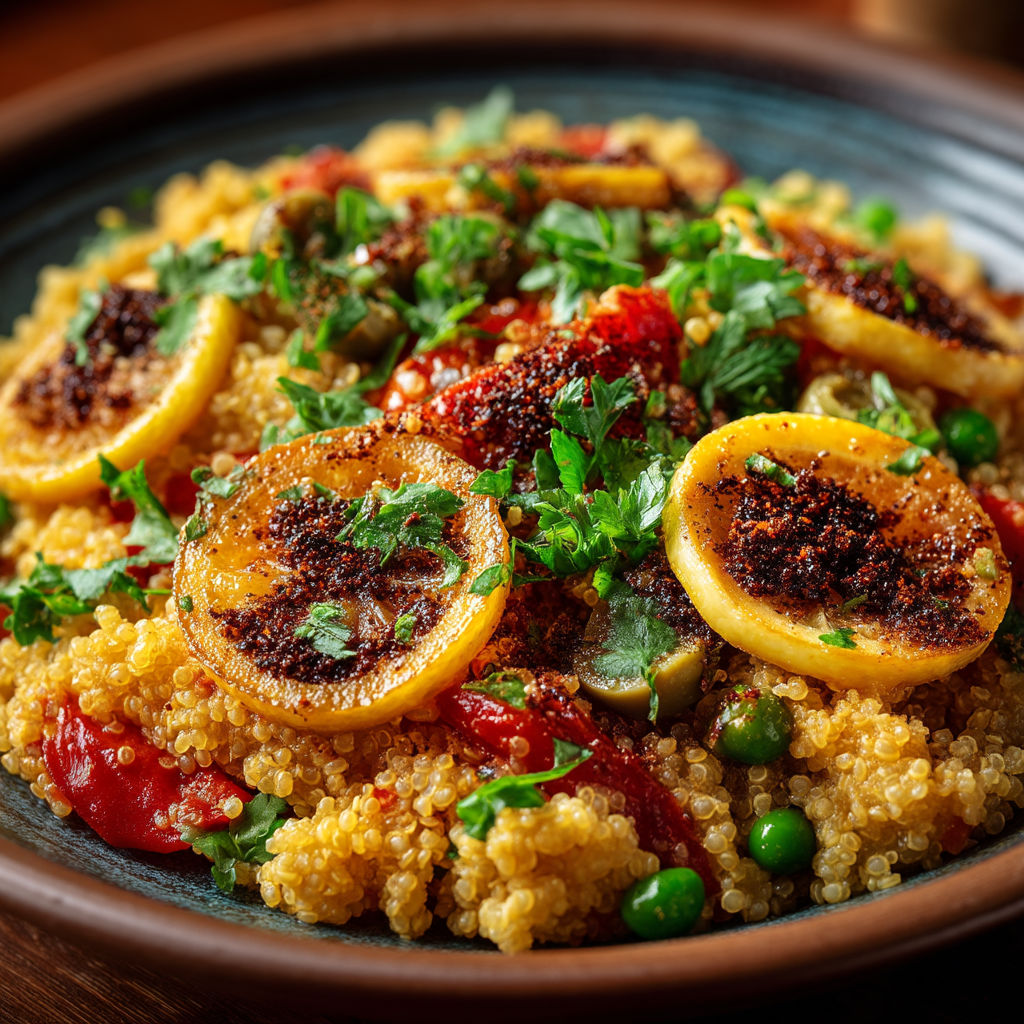Une assiette de couscous avec des légumes et des épices.