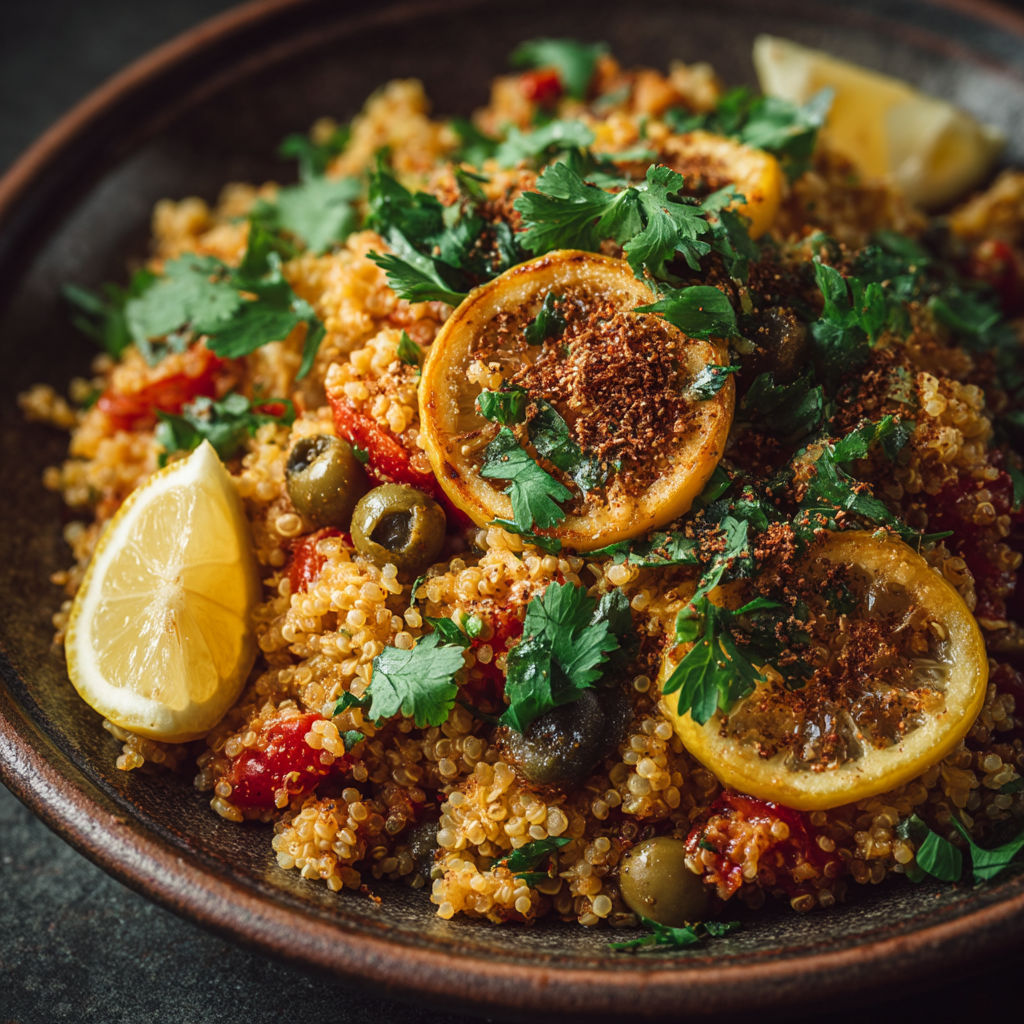 Une assiette de couscous avec des légumes et des citrons.