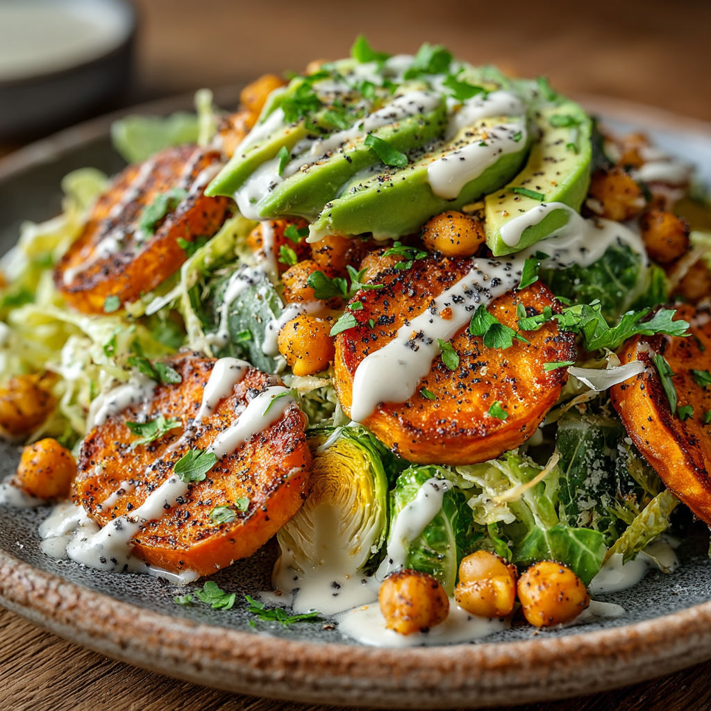 Une salade façon Caesar avec des patates douces et des choux de Bruxelles.