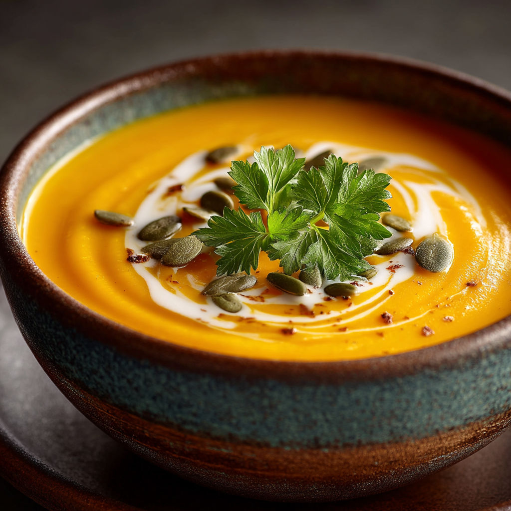 Une soupe chaude avec des herbes et des graines.