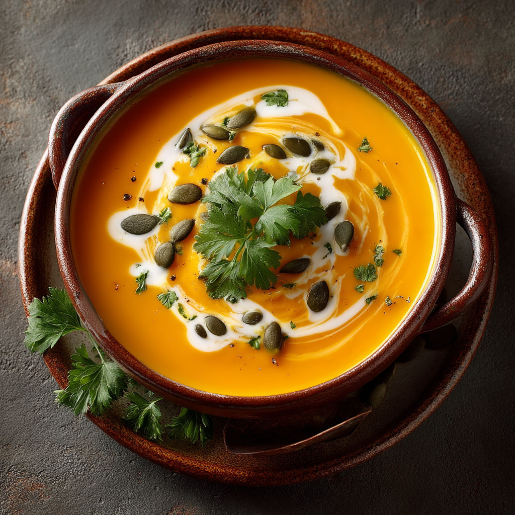 Une soupe chaude avec des graines et des herbes.