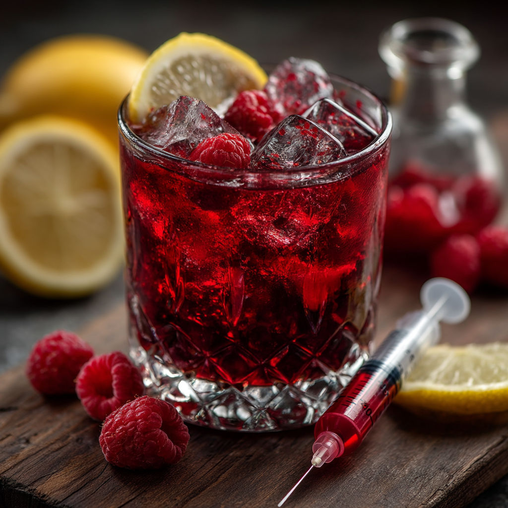 Un verre rempli de jus de raspberry avec des citrons et des raspberries.