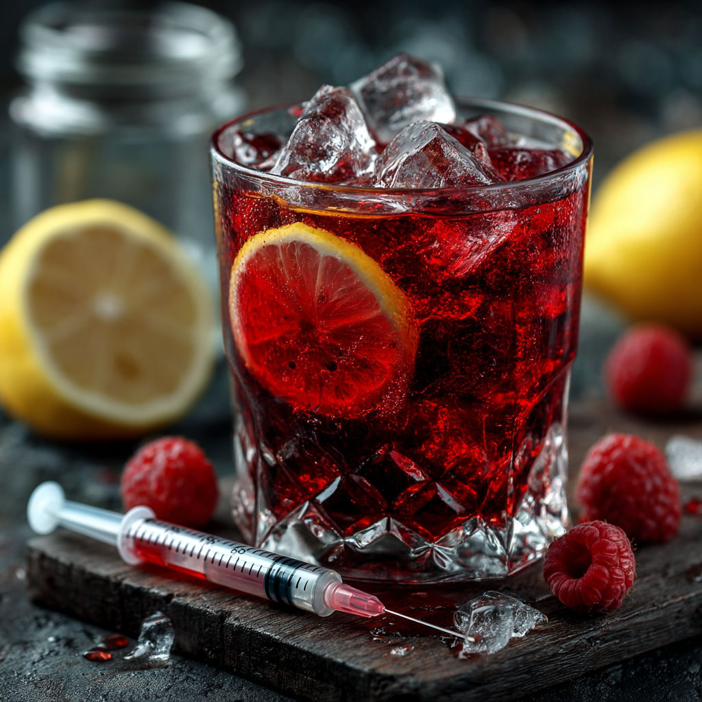 Un verre rempli de jus de fruit rouge avec des citrons et des raspberries.