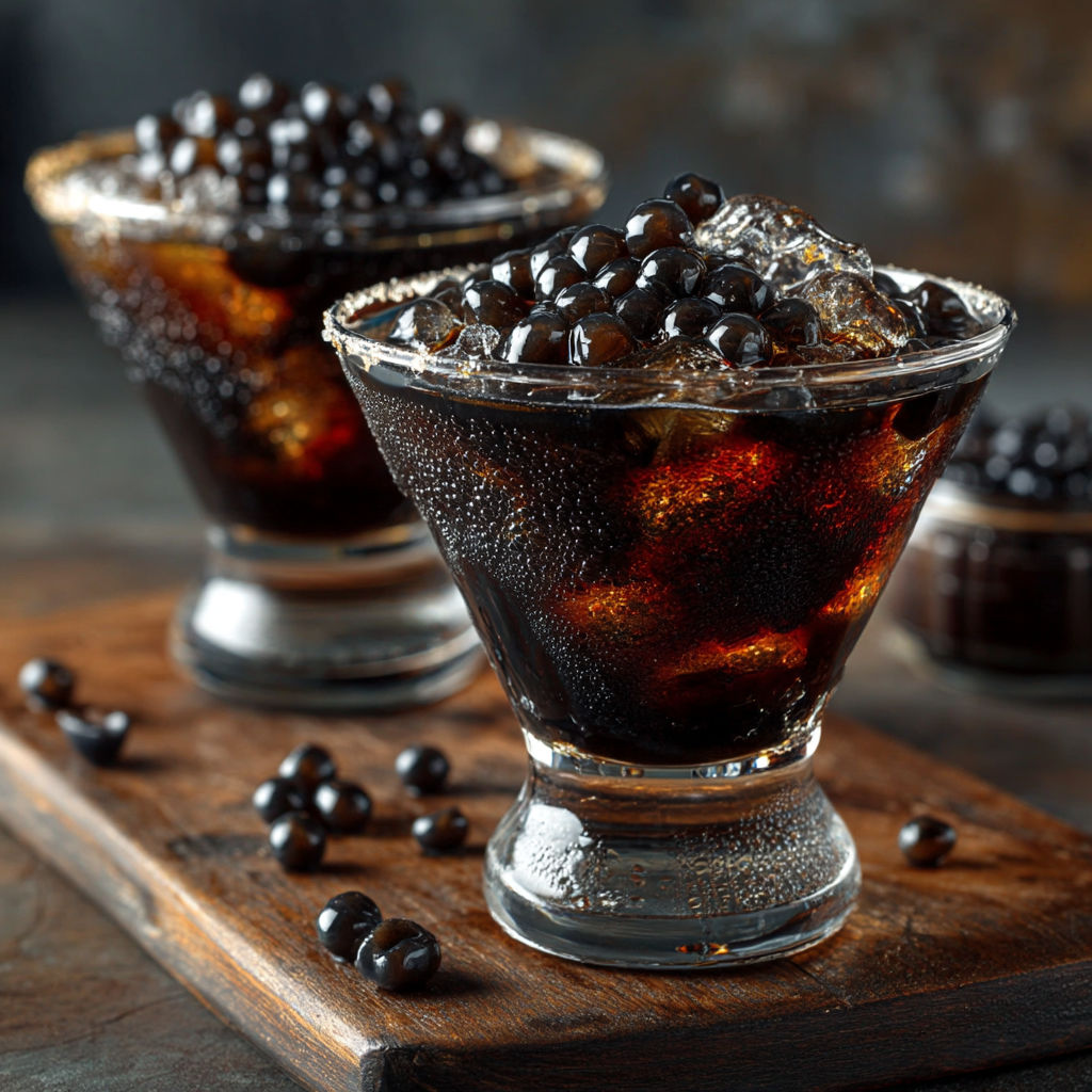 Glasses of soda with black beads in them.