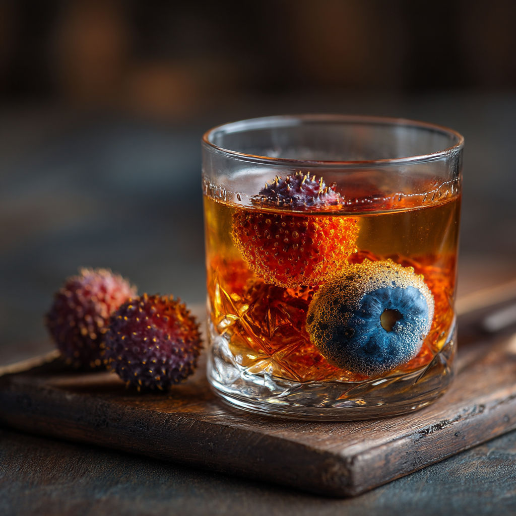 Un verre rempli de cocktail flambé avec des fruits.