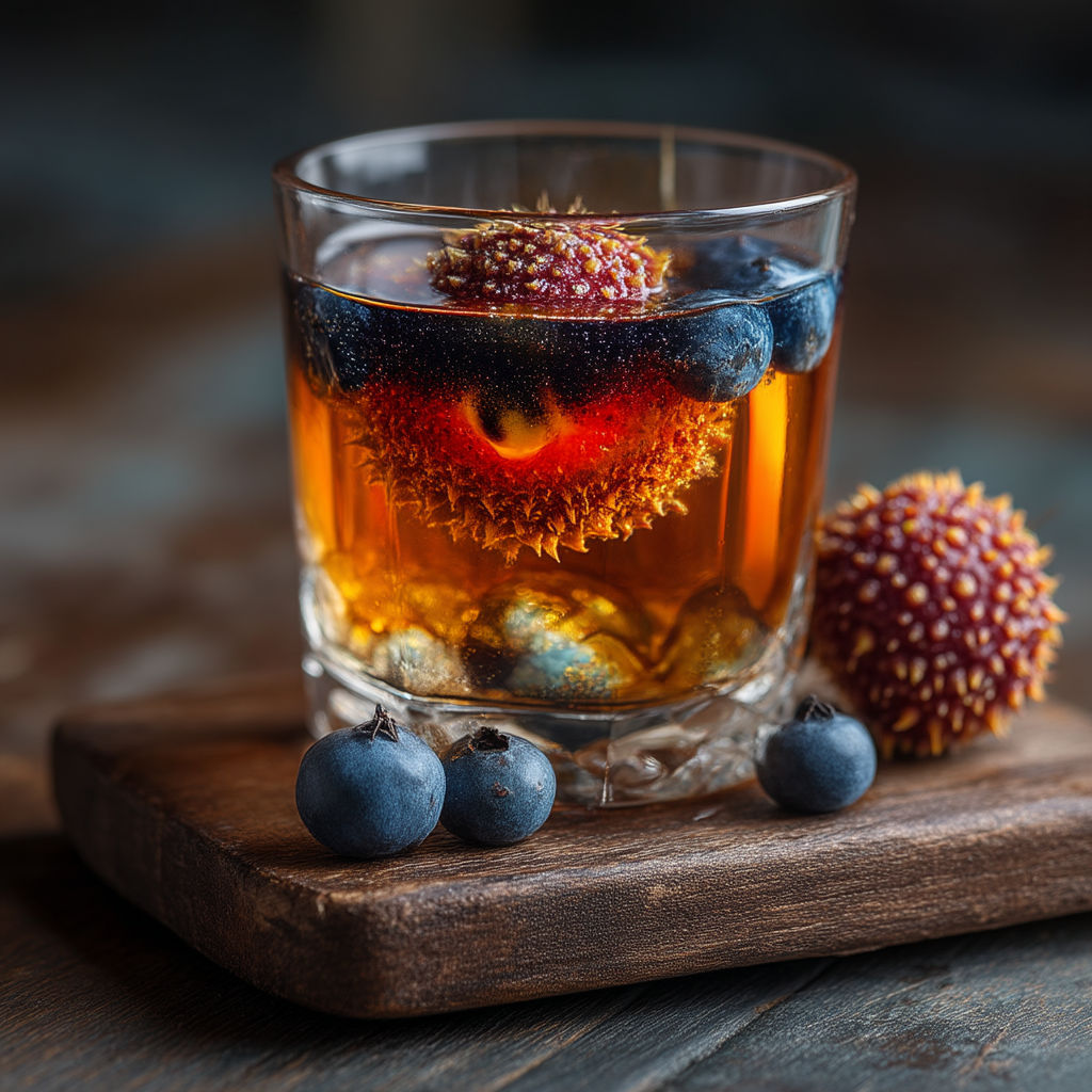 Un verre rempli de boisson avec des baies et des graines.