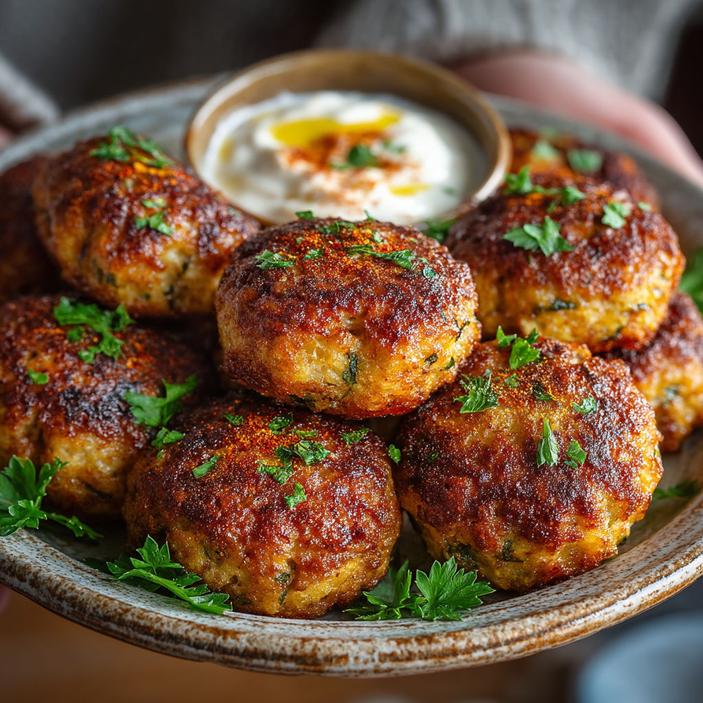 Un plat contenant des boulettes de viande avec une sauce et une salade.