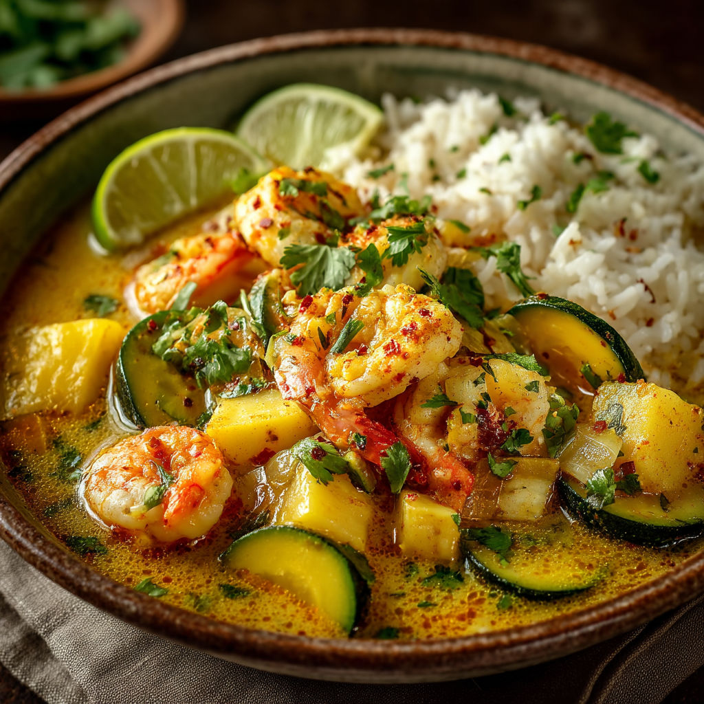 Un plat de crevettes et riz avec des légumes verts.