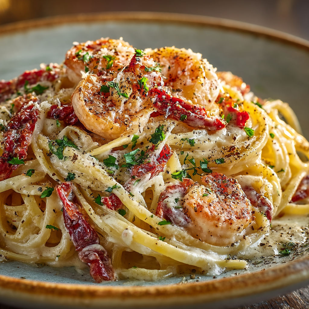 Pâtes aux crevettes et mozzarella.