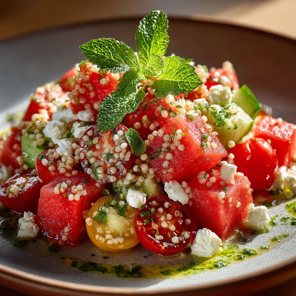 Salade de boulgour, pastèque et feta.