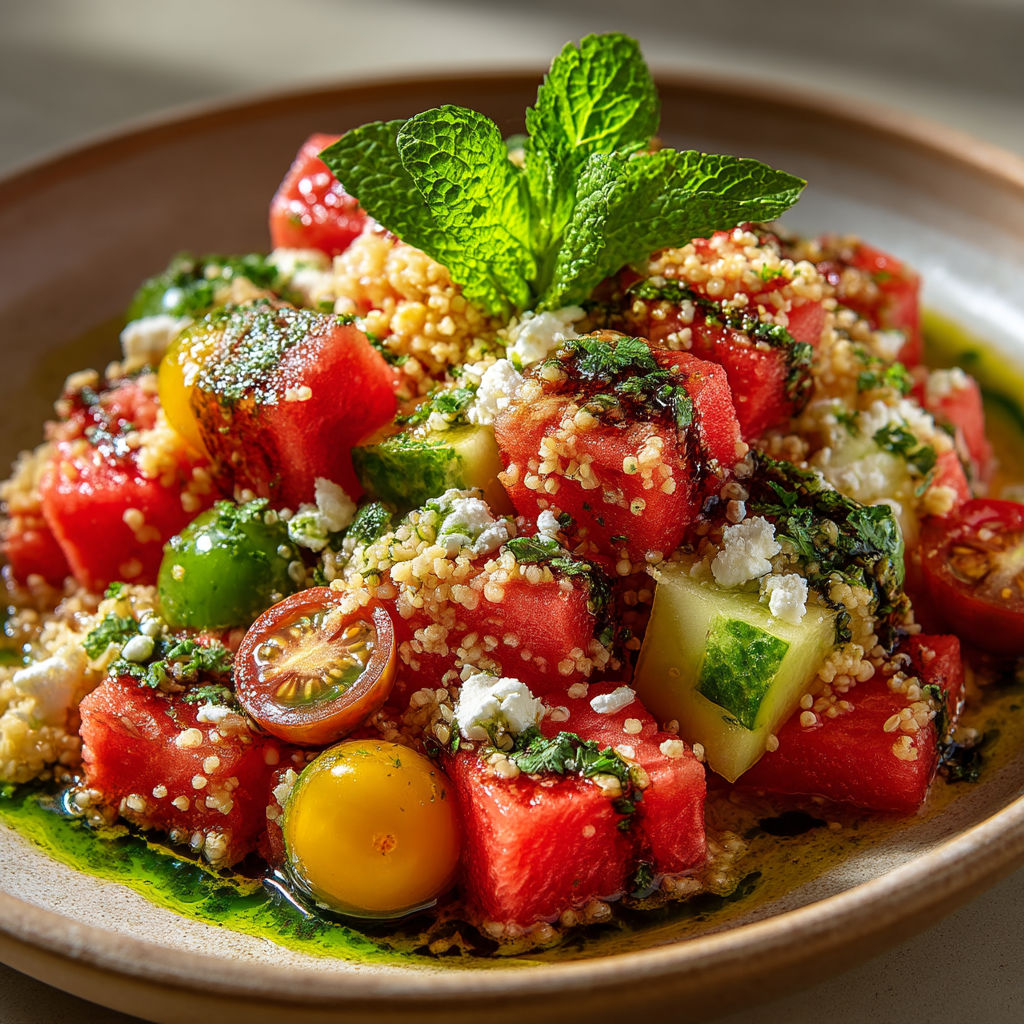 Une salade de fruits et de graines, avec des tomates, des cucumbers, des melons, des mint et des basilic.
