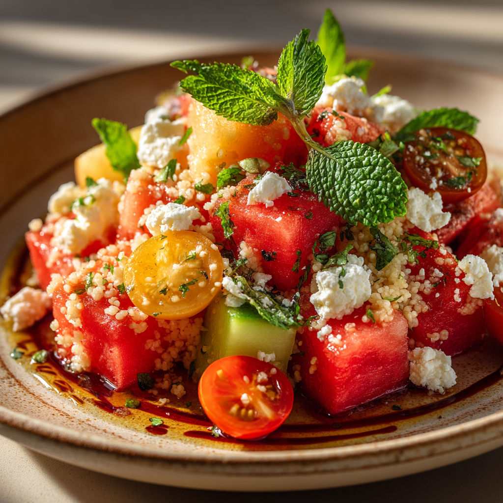 Une salade de fruits et herbes avec des tomates, des cucumbers et des herbes fraîches.