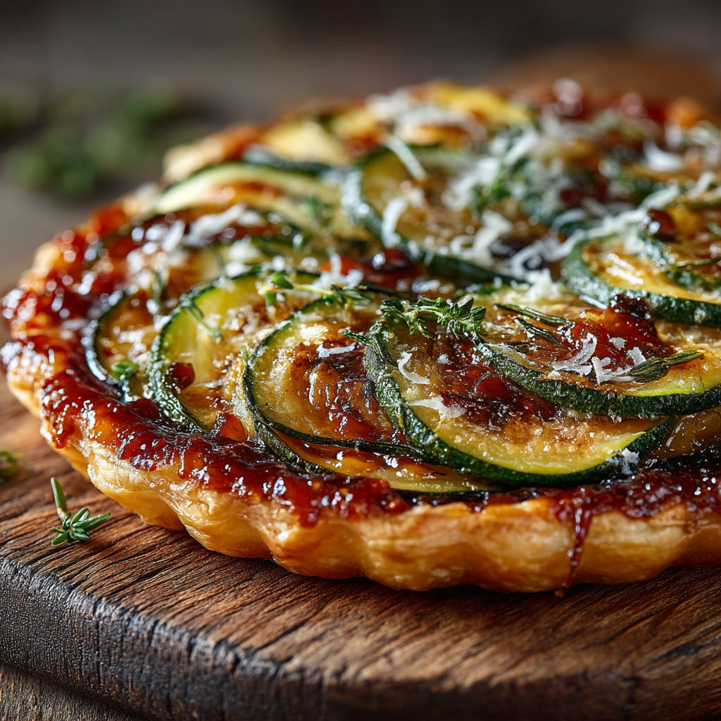 Une tarte fine à la courgette et parmesan sur une planche de bois.
