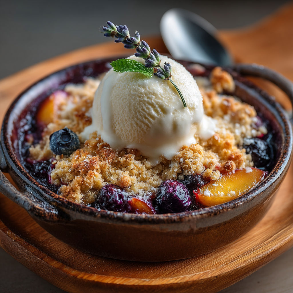 Une tasse de crumble aux nectarines de vigne et myrtilles.