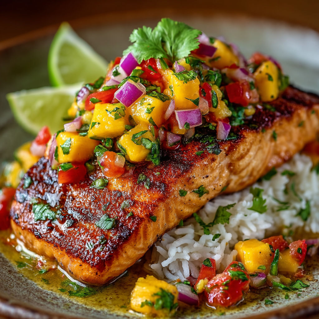 Saumon grillé avec salsa à la Pêche de Vigne.
