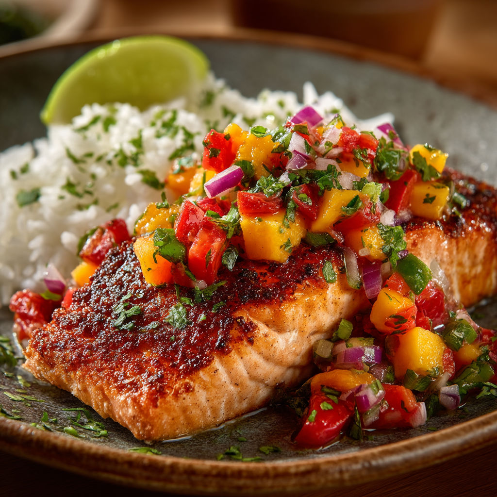 Un poisson grillé avec des légumes verts et des tomates.