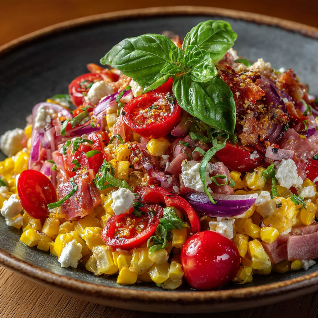 Une assiette de salade composée de tomates, de cornichons, de bacon et de fromage.