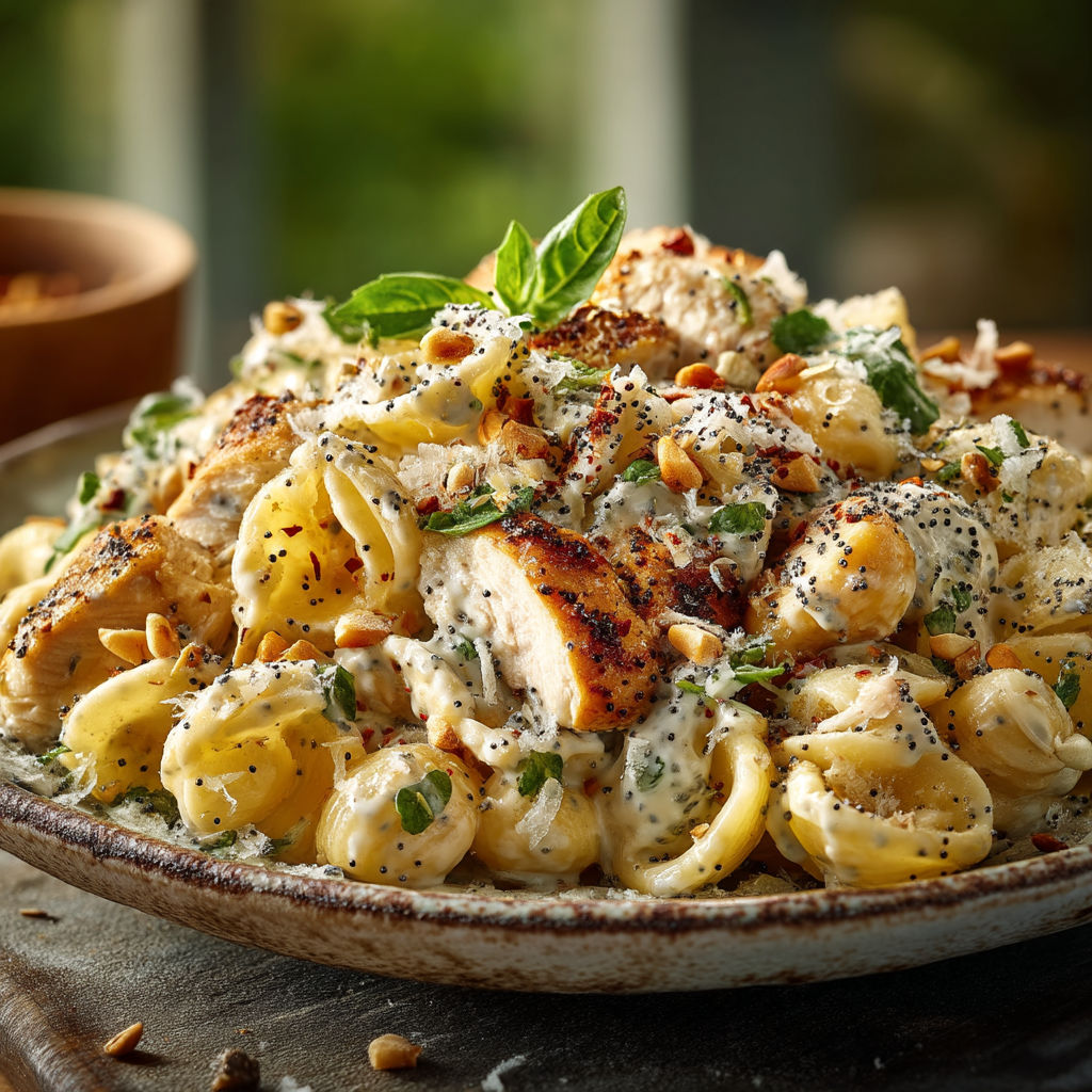 Une assiette de macaroni avec des légumes et des viandes.