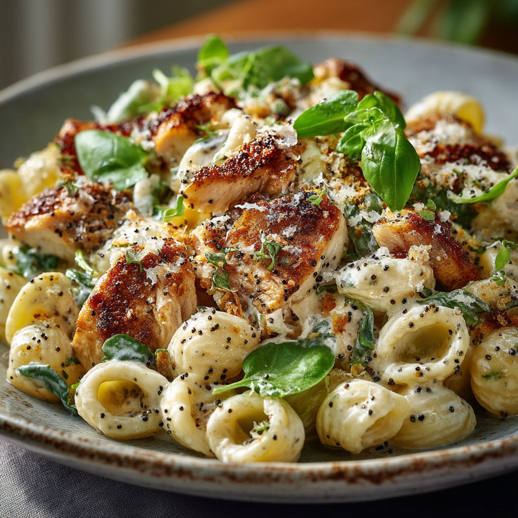 Une assiette de macaroni avec des légumes et des viandes.
