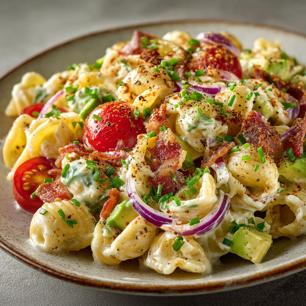 Salade de pâtes au bacon et à l'avocat.