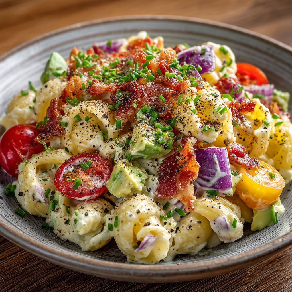 Une salade de macaroni avec des légumes et des herbes.