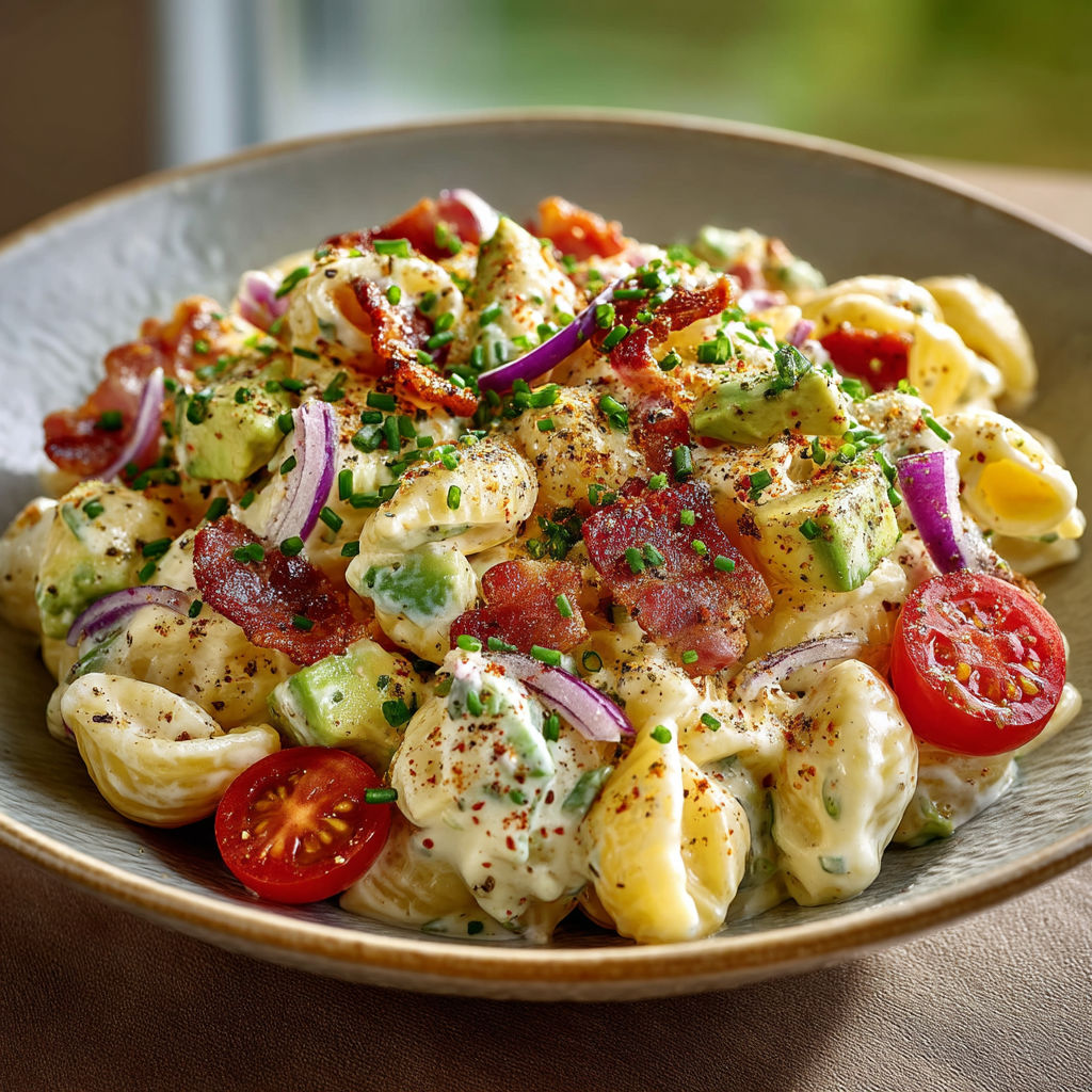 Une assiette de macaroni avec des tomates et des herbes.