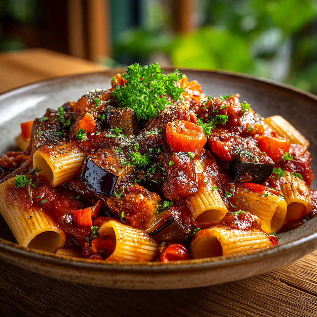 Une assiette de pâtes aux aubergines et tomate.
