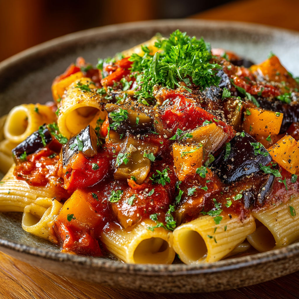 Une assiette de spaghetti avec des légumes et des herbes.