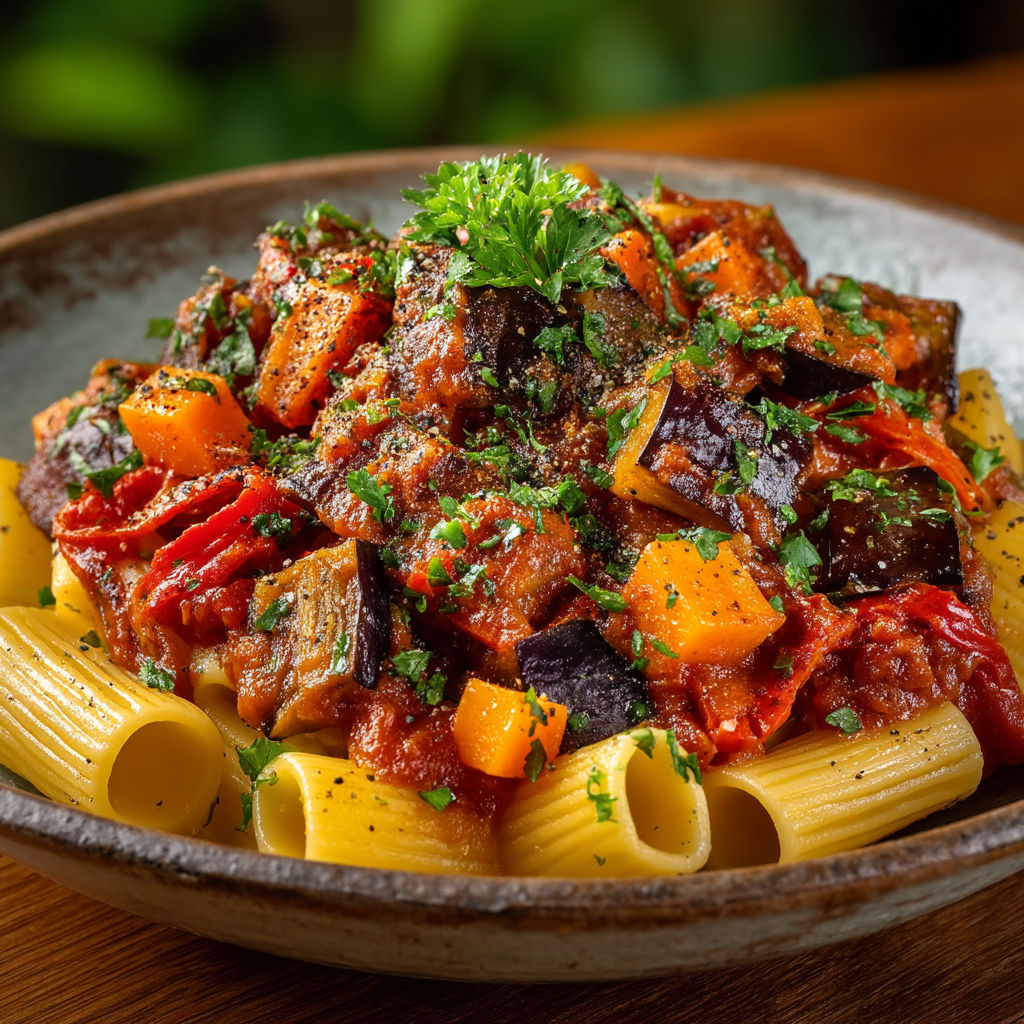 Une assiette de penne avec des légumes et des viandes.