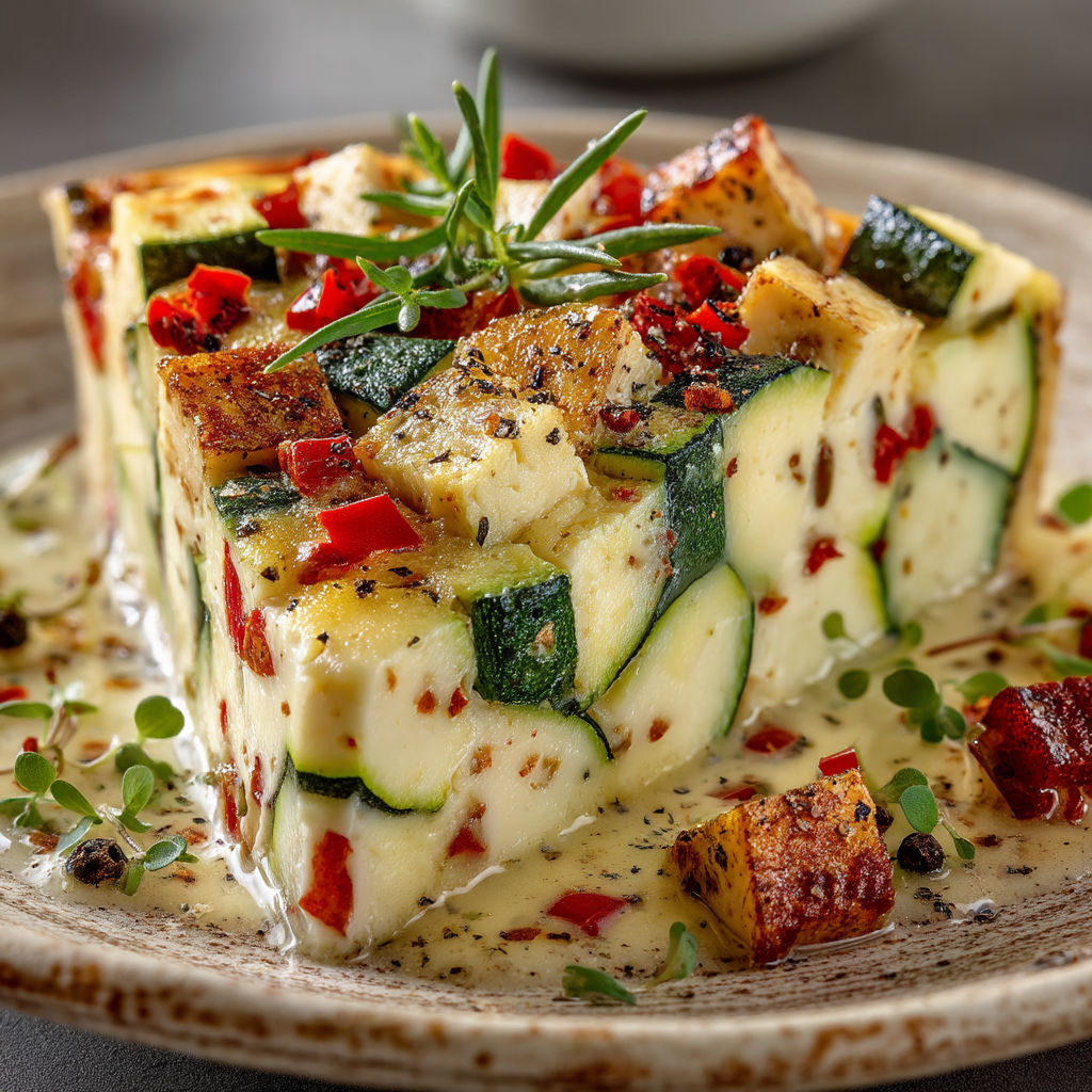 Un flan de courgette au chèvre sur un plateau.