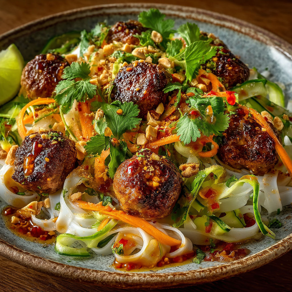 Salade vietnamienne avec des boulettes et des nouilles de riz.