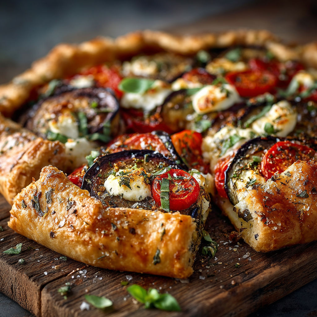 Une tarte tomate, aubergines et mozzarella sur une planche de bois.
