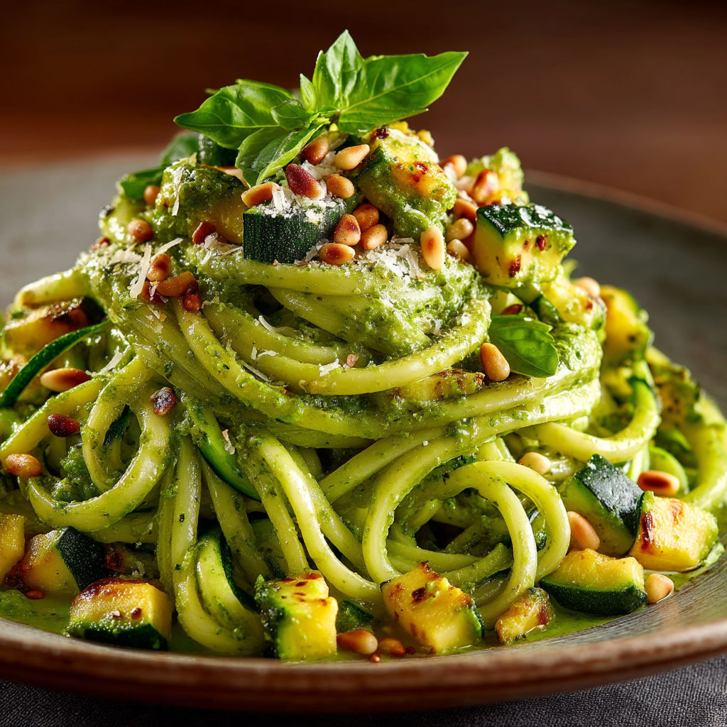Une pile de pâtes au pesto de courgettes sur un plateau.